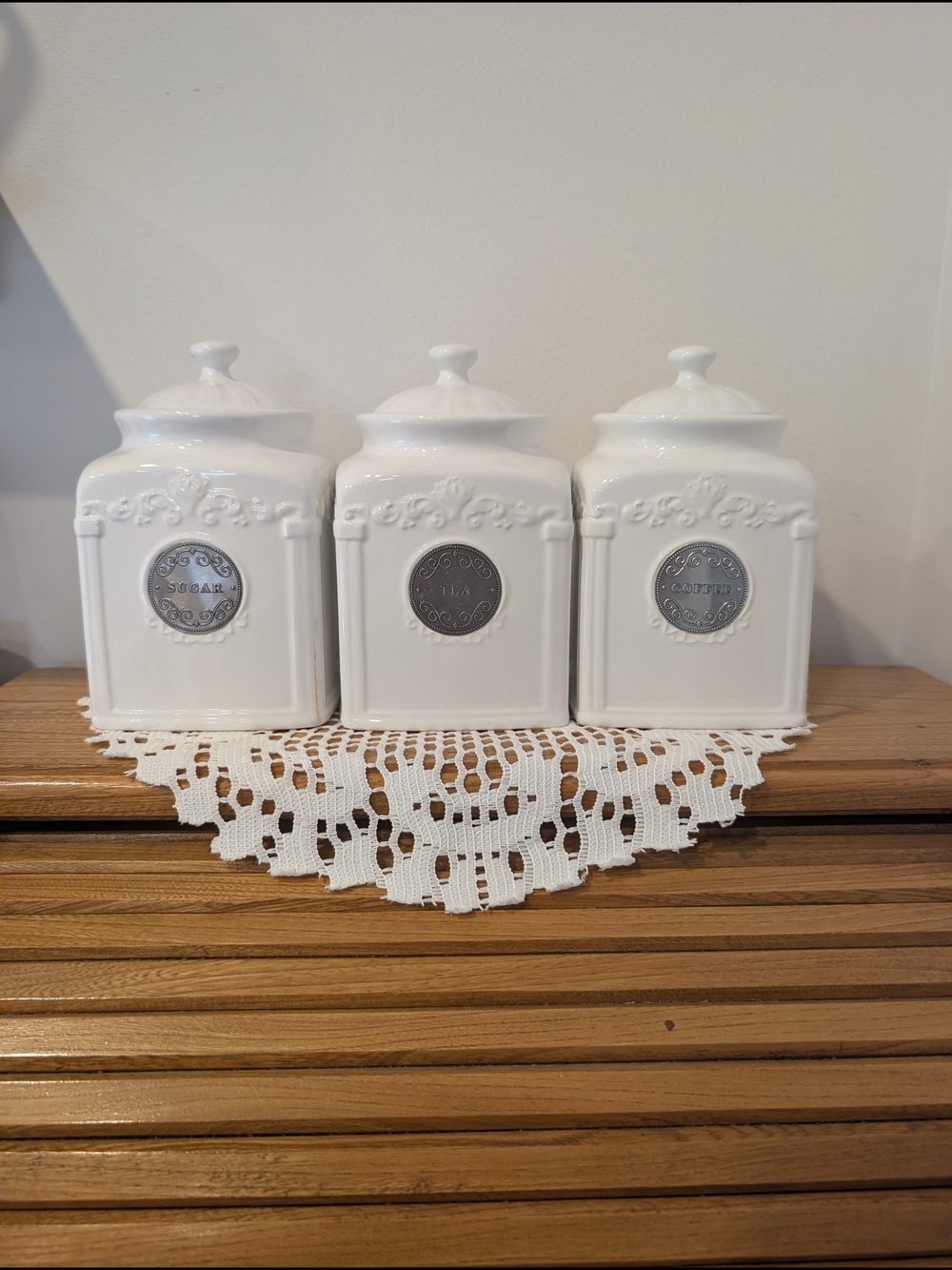 White Ceramic Canister Set with Silver Labels